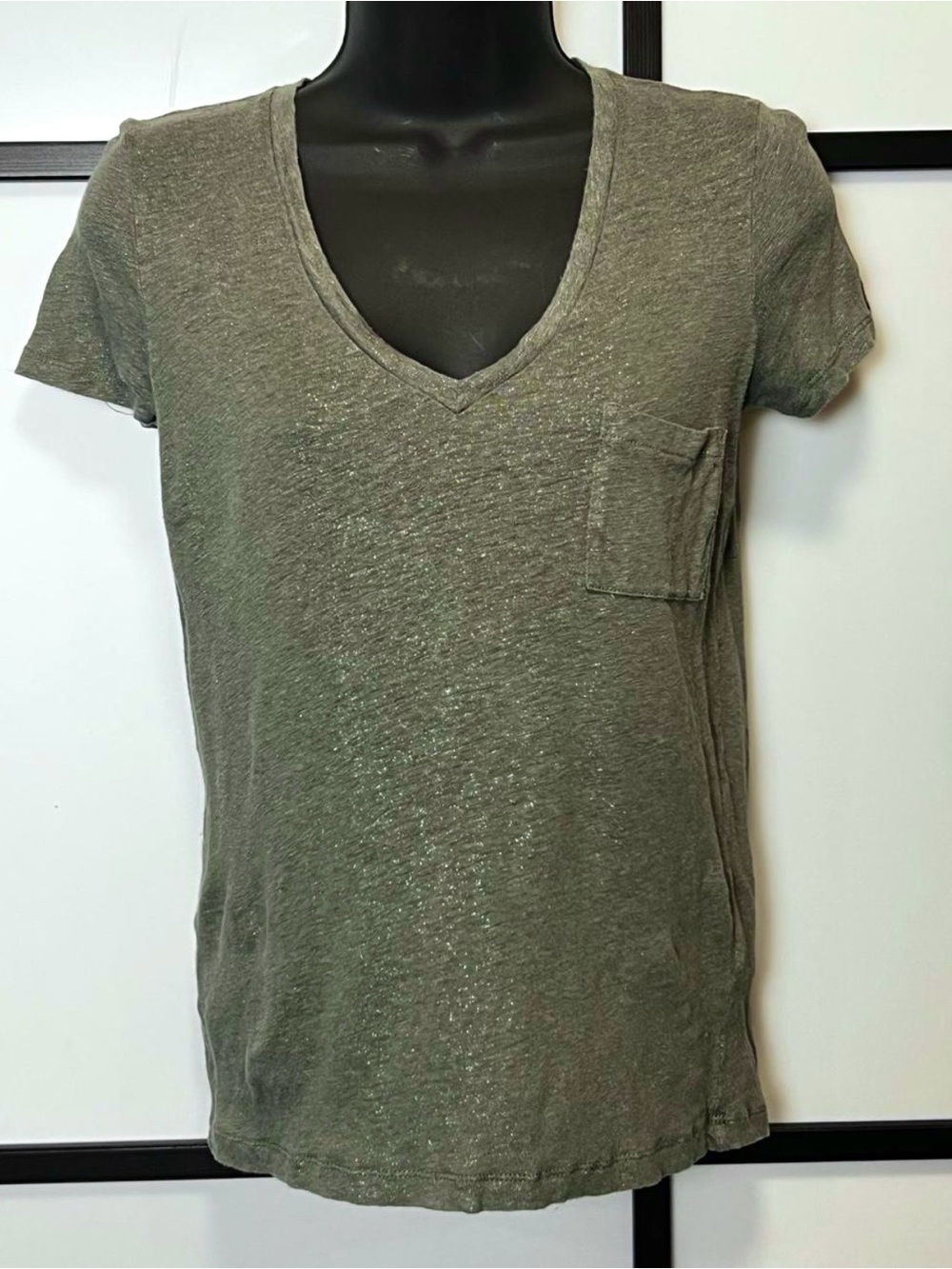 J. Crew Women's Olive V-Neck Linen Pocket Tee Silver Metallic Thread